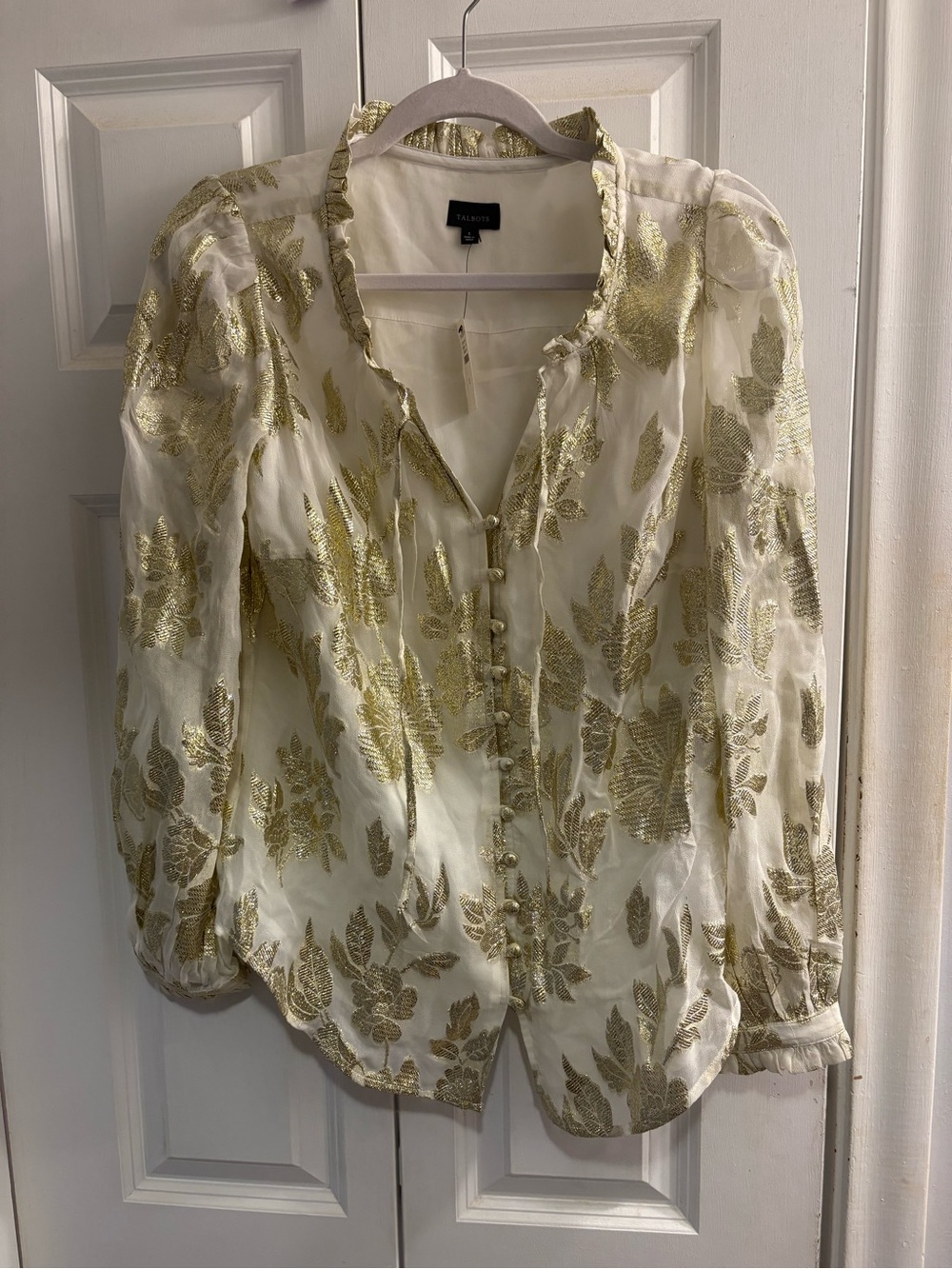 Talbots Cream Sheer Blouse with Gold Floral Embroidery